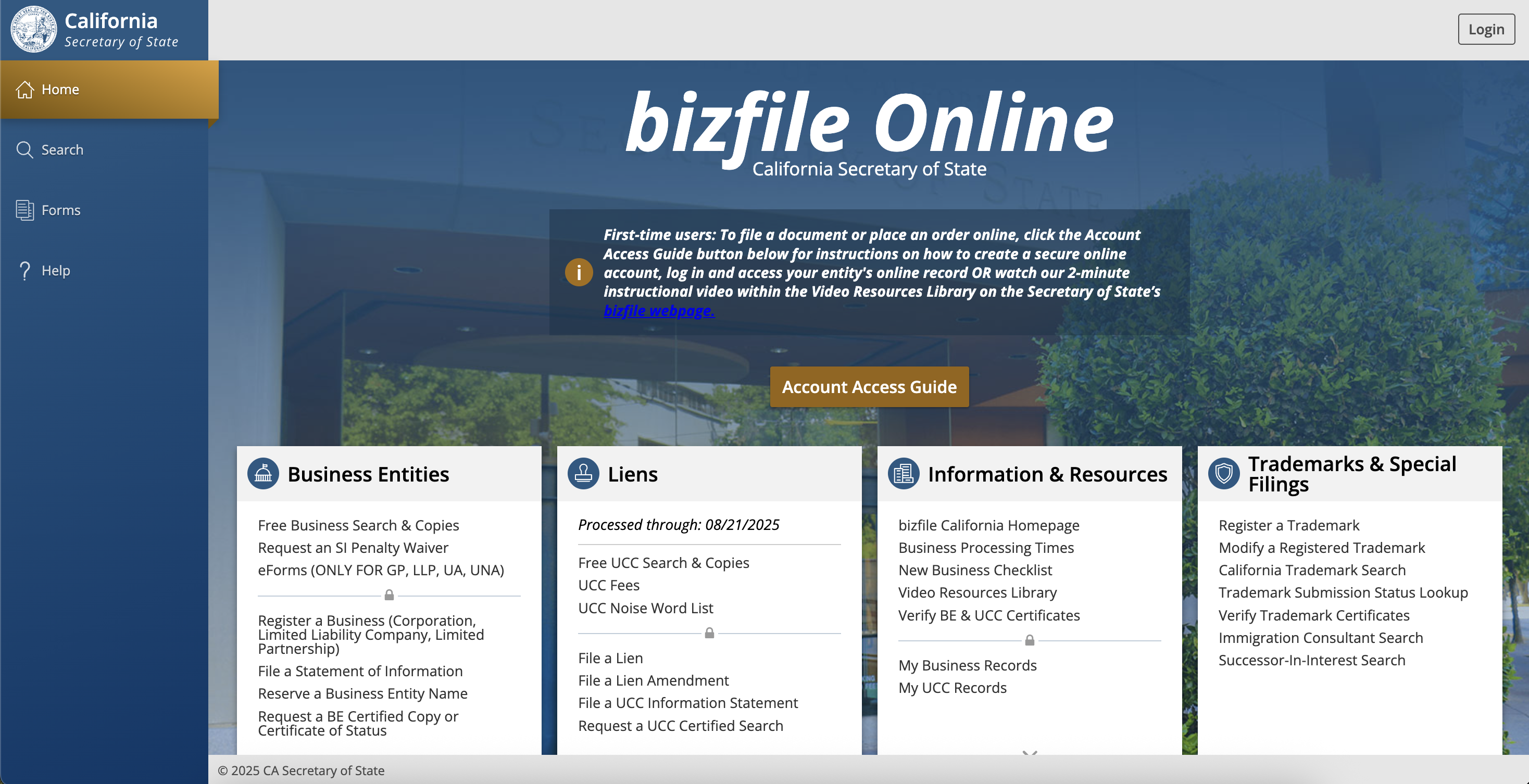 Screenshot of California Secretary of State bizfile Online portal homepage with Sign Up button highlighted