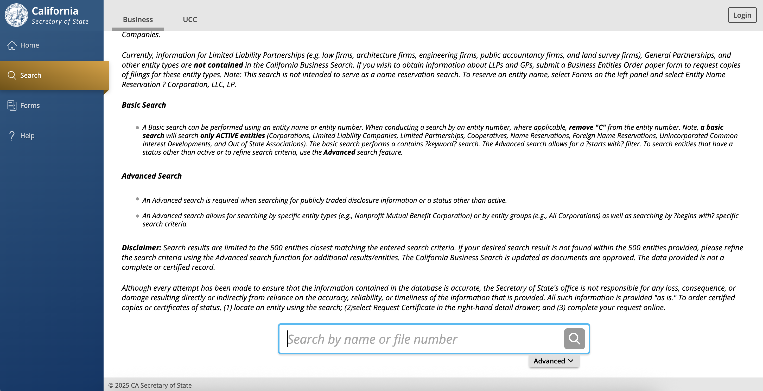 Screenshot of bizfile Online left sidebar navigation showing the Search option
