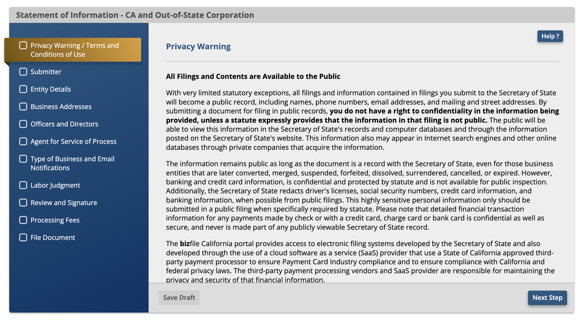 Screenshot of Statement of Information form fields showing officer and director entry requirements