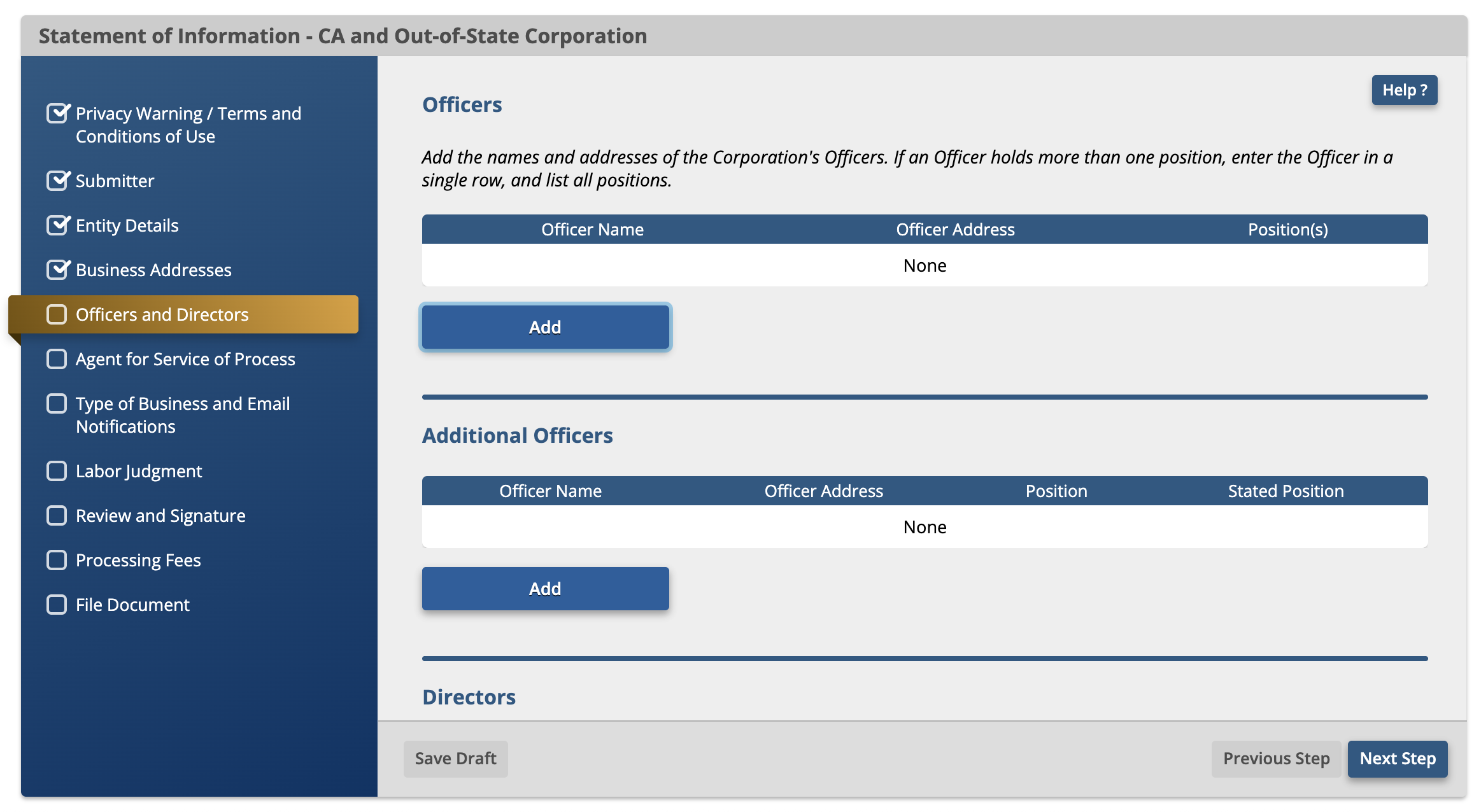 Screenshot of Statement of Information form fields showing officer and director entry requirements